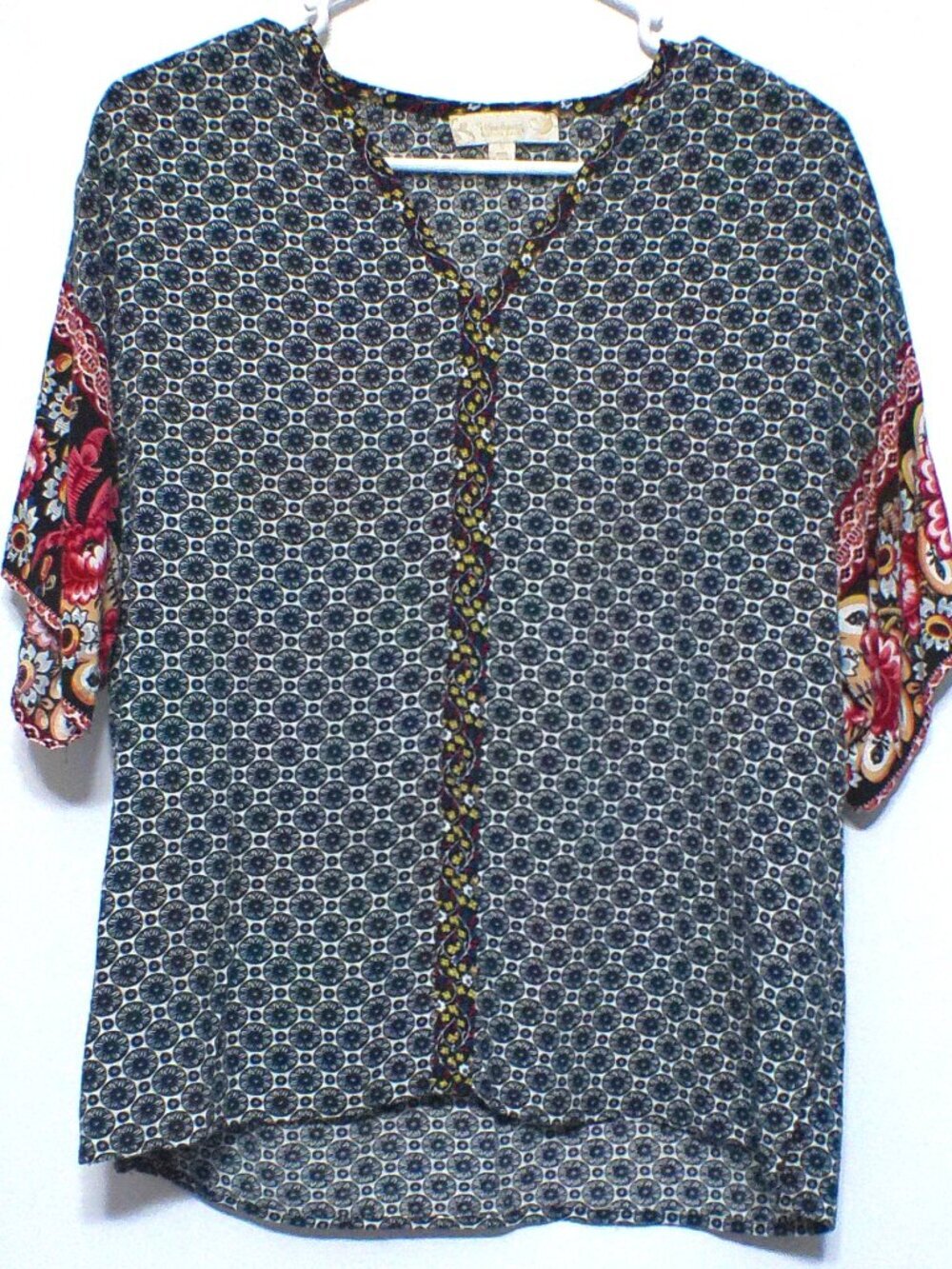 Weekend Suzanne Betro Boho Mixed Print Blouse Blue Floral Sleeve Women’s 3X
